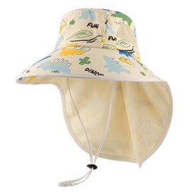 MK MATT KEELY Kids Sun Hat 2-8 Years Boys Girls Summer Neck Protection Wide Brim Beach Hat with Adjustable Chin Straps,Dinosaur Beige
