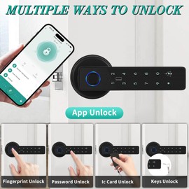 5-in-1 Fingerprint Door Lock Smart Lock Handle with APP Fingerprint IC Cards Password Backup Keys, Bluetooth Smart Door Knob for Home Bedroom Hotel Office Apartment