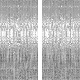 CCINEE Foil Fringe Backdrop Curtain Silver Metallic Tinsel Decorative Door Curtain for Birthday Party Favor,Pack of 2