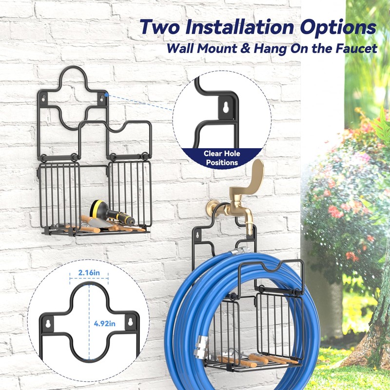 Garden Hose Holder Metal Water Hose Holder with Storage Basket
