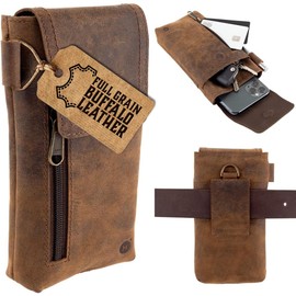 Moonster Leather Cell Phone Holster Genuine Full-Grain Buffalo Leather Secure & Durable Phone Belt Holder - 7'H x 3.5" W