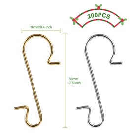 GWHOLE 200 Pcs Christmas Ornament Hooks Stainless Steel Christmas Ornament Hangers for Art Craft Christmas Tree Decorations（Gold and Silver）
