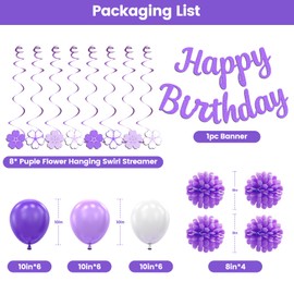 Birthday Decorations for Girls Women, Purple White Party Decorations, Happy Birthday Banner with Paper Flowers, Circle Dots Garland, Hanging Swirls.