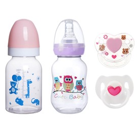 JIZHI 4 Pcs Baby Doll Bottles Set with Magnetic Pacifiers, Baby Doll Accessories for Reborn Baby Doll, Pretend Play Feeding Toy Kids Gift (Pink/Purple)