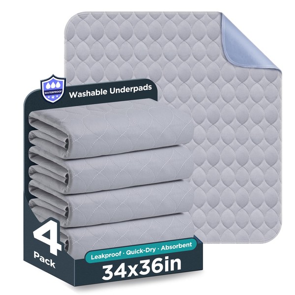 Washable Bed Pads 36" x 52" - 4 Pack, Grey,