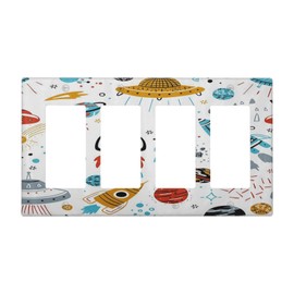 Cartoon Space Rocket Boys Universe Planet 4 Gang Rocker Decora Light Switch Cover Decorative Unique Outlet Covers Wall Plate Electrical Faceplate Switchplate GFCI for Nursery Kidroom Bedroom