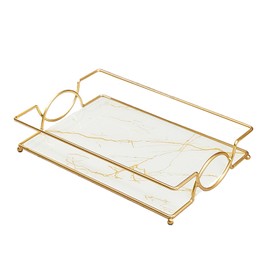 Virvia Vanity Tray Luxury Bathroom Counter Tray Glass Perfume Organizer Holder Cosmetics Makeup Skincare Display Decorative Vanity Trays for Bathroom Dresser Bedroom (Platinum, L)