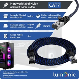 Lumonic CAT7 Patchkabel S/FTP 5m | RJ45 | Schwarz Blau Premium Nylon Optik | Ethernet LAN | Netzwerkkabel