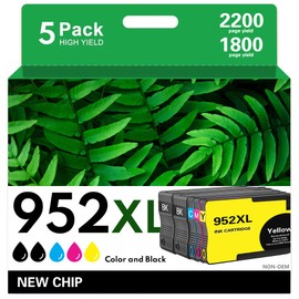 952XL Ink Cartridges (New Chip) Black Color 5 Combo Pack Compatible for HP 952 XL HP952 HP952XL to OfficeJet 8710 8720 7740 8725 8210 8715 8702 8740 7720 8730 8216 8700 Printer (5-Pack)