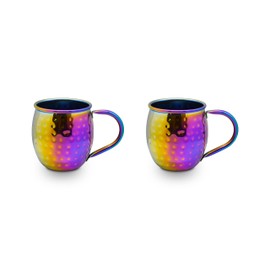 Generic SELECT Set of 2 Hammered Moscow Mule Mugs with Round Handle - Rainbow/Rose Gold/Gold︱Matching Color Handles︱100% food-grade Stainless Steel︱16 fl. oz., Regular