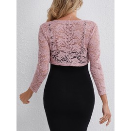 fuinloth Bolero Cardigans for Women Wedding Lace Long Sleeve Shrug Pink L 12-14