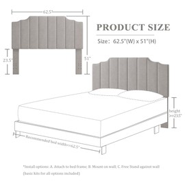 Befurtori Queen Size Headboard Only, Velvet Wall Mounted Headboard Queen Size for Adjustable Bed, Modern Vertical Channel Design with Curved Tufted Upholstered Head Board and Luxury Soft Padded, Gray