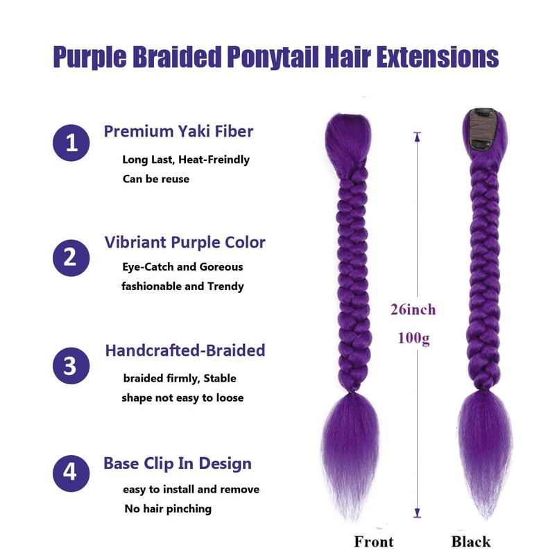26inch Long Purple Braid Hair Ponytail Easy Clip In Purple