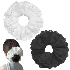 2 PCS White Large Lace Scrunchies for Women Oversized Scrunchy Hair Ties Satin Hair Scrunchies Black Ponytail Hair Holder Elastics Ties Accessories for Women Girl Thick Curly (White and Black)