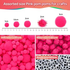 Iooleem Pink Pom Poms, 1200pcs Assorted Size Pompoms,Pom Poms for Arts and Crafts, Pom Pom Balls with Wiggle Eyes in jar, Glitter Pom Poms, Craft Supplies.