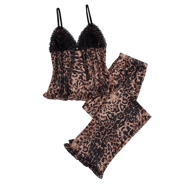 GORGLITTER Women's 2 Piece Cheetah Leopard Mesh Pajama Set Bow