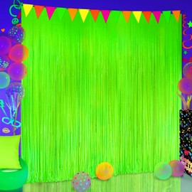 3 Pack Glow in The Dark Foil Fringe Curtains with Banner, Neon Birthday Party Decorations 9.9 x 6.6 ft Fluorescent Macaron Green Glow in The Dark Backdrop Party Decorations Supplies