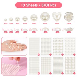 MYDBUYSOME 3701PCS Pearl Stickers Pearls for Crafting - Self Adhesive Pearls for Hair Face Makeup Eye Nail Crafts, Stick On Gems (White, Assorted Sizes)