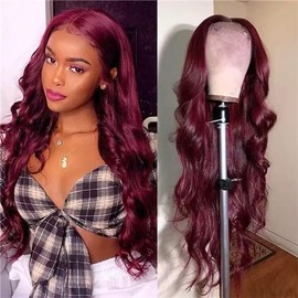 200 Density Highlight Ombre Lace Front Wig Human Hair 13x4 HD 4/27 Honey Blonde Lace Frontal Wigs Pre Plucked with Baby Hair Colored Body Wave Lace Front wig Human Hair Natural Hairline:_Wine Red_24inch