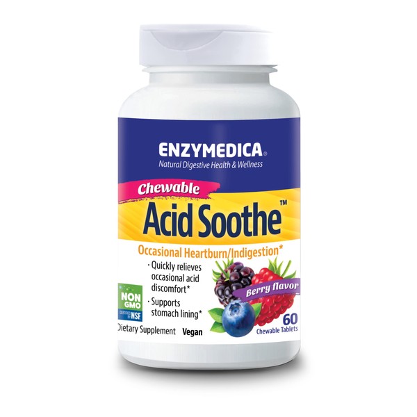 Enzymedica, Acid Soothe Chewable, Promotes Relief from Heartburn and Indigestion While Helping to Strengthen the Stomach Lining, Vegan, Non-GMO, 60 Tablets (60 Servings)