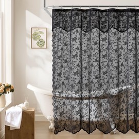 HLC.ME Harper Lace Shower Curtain for Bathroom with Floral Vine Design and Attached Valance – Elegant Victorian Classic Style (Black, 72 x 72 Inch)