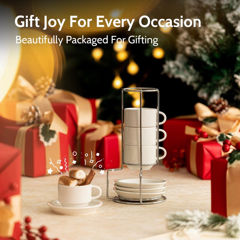 Sweese 2.5 Ounce Porcelain Stackable Espresso Cups with Saucers and