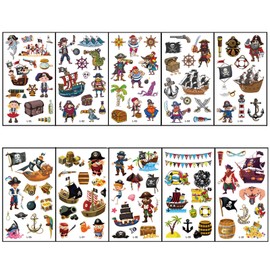 10 Sheets Pirate Temporary Tattoos for Kids,Kids Tattoos Waterproof Fake Tattoos Pirate Cartoon Tattoo Stickers for Children Party Bag Fillers Kids' Tattoo Pass The Parcel Gifts Pirate Party Favours