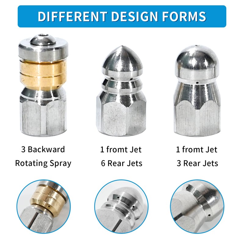 3 PCs Sewer Jetter Nozzle for Pressure Washer, Stainless Steel