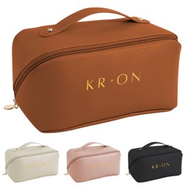 KRON Makeup Organizer Travel Makeup Bag – Waterproof TPU Cosmetic Bags for Women – Luxury Travel Makeup Bag for Brushes, Mini Toiletries – Elegant and Practical Make Up Bag (Brown)