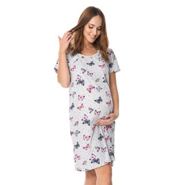 MijaCulture 2-in-1 Pretty Nursing Nightdress & Maternity Nightdress Cotton 2074, Grey/Butterflies, XL