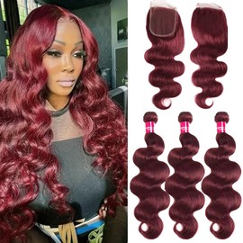 Teveshine Bundles Human Hair with Closure Body Wave Burgundy Bundles with Closure Human Hair, 99j Burgundy Win Red Colored Brazilian Body Wave Bundles 22 24 26+20inch Free
