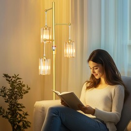Boho Gold Crystal Floor Lamp, 3 Lights Vintage Dimmable Standing Lamp with Amber Crystal Shade, Dimmer Switch, Mid Century Modern Tree Lamp, 65IN Brass Tall Corner Lamps for Living Room Bedroom