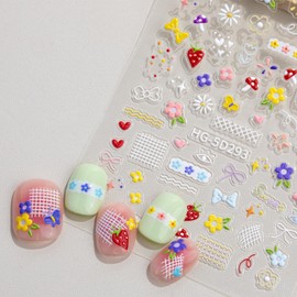 8 Sheets Kids Nail Stickers for Nail Art, 5D Embossed Self-Adhesive Flower Rainbow Dog Fruits Cherry Nail Decals, Cute Nail Supplies Designs Accessories for Women Girls Toddler Manicure DIY Decoration