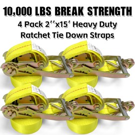 KJE Ratchet Straps Heavy Duty(4 Pack), 2" x 15' Ratchet Strap 10,000 Lbs Max Break Strength, Tie Down Ratcheting with J-Hook, Cargo Straps for Truck, Trailer, Moving Appliances