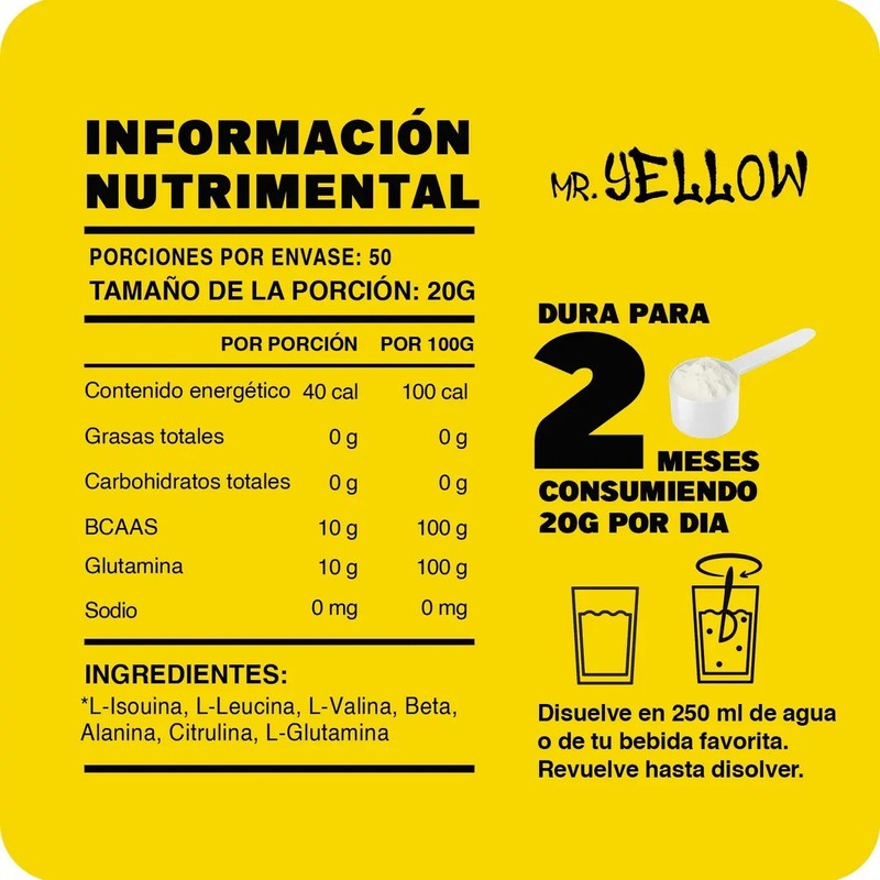 Aminoácidos Mr. Yellow BCAAs y Glutamina de 1 kg Sabor