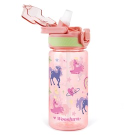 omedecal Kids Water Bottle for School, 16 Oz Plastic Straw Water Bottle with Silicone Spout and Leakproof Cover, Dishwasher Safe (Unicorn)