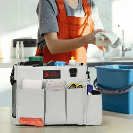 Vinsani Cleaning Caddy Multifunctional Storage Organiser Bag with Handle and Adjustable Waist and Shoulder Straps for Cleaning Supplies, Home, Craft, Car and Garden Tool Kit – Medium Light Grey