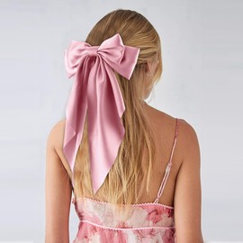 ATODEN Women's Hair Accessories - 4Pcs Oversized Satin Long Tail Bowknot Hair Clips with Metal Barrettes in Beige, Pink, Blue, Purple