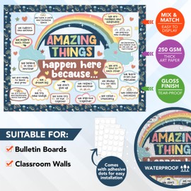 Decorably 112 Pcs Cutouts Boho Rainbow Theme Amazing Things Happen Here Bulletin Board Set with Borders, Boho Bulletin Board Decorations