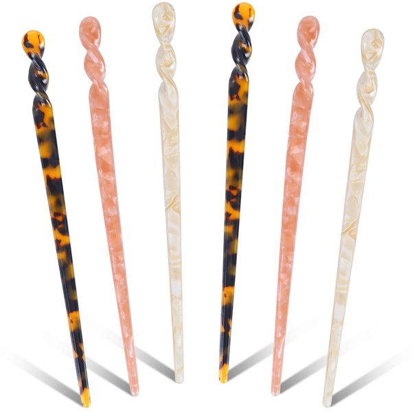 Pack of 6 Acetate Hair Sticks, Mabor Vintage Shell Hairpin 3 Colours Chopsticks Styling Hairpin Turtle Shell Hairpin Accessories for Girls and Women