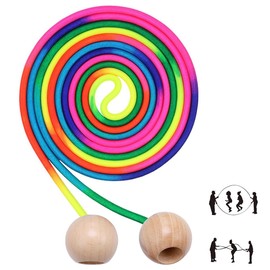 Trsnzul Skipping Rope, 5 Metre Rope Skipping for Multiplayer, Rainbow Colours Jump Rope, Long Multi-Skipper with Wooden Ball Handle, Group Rope Skipping