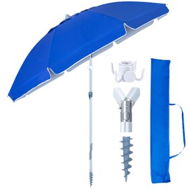 Tempera Heavy Duty High Wind Beach Umbrella with Sand Anchor & Carry Bag|Patio Outdoor Umbrella with Aluminum Frame and Push Button Tilt, Ideal for Travel Garden Lawn, UPF 60+,Blue