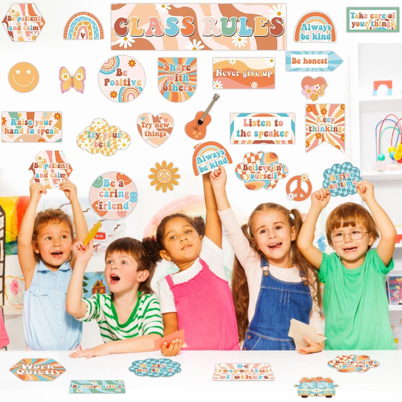 Groovy Class Rules Bulletin Board Decorations - Motivational Cutouts for