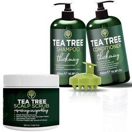 Thickening Tea Tree Shampoo + Conditioner + Scrub Set for Itchy Scalp, Hair Loss, Dandruff | w/Tea Tree Oil, Aloe, Rosemary, Jojoba | Hair Thickening, Volume Boost for Men & Women