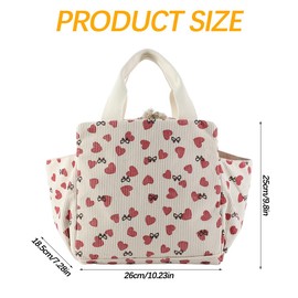 FYting Women's Lunch Bag, 12 L Cool Bag, Small Corduroy, Side Pockets with Large Capacity, Store Umbrellas, Water Cups, Tableware, Mobile Phones, Suitable for Picnics, Work, School (Love)