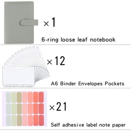 A6 Budget Binder with Cash Envelopes, PU Leather Notebook Binder with 12 PCS A6 Binder Pockets-Light Gray