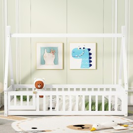 Bellemave Twin Size Tent Floor Bed for Kids,Teepee Bed with Door and Guardrails,Wood Floor Bed with Slats,Montessori Floor Bed for Girls Boys(Twin,White)