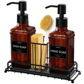 VIMERPA Dish Soap Dispenser, 10 fl oz Kitchen Hand and Dish Soap Dispenser with Adjustable Sponge Holder, Vintage Kitchen Set Amber