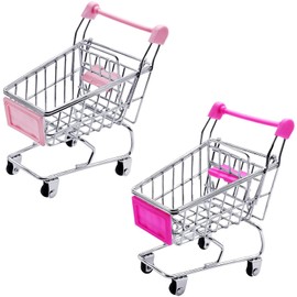 2-Piece Kids Mini Shopping Trolley Set, Alloy Metal Realistic Supermarket Cart - 11cm Pretend Play Toys for Toddlers & Desktop Decor (2 Colors)