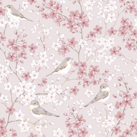 VEELIKE Pink Sakura Cherry Blossom Peel and Stick Wallpaper Vintage Bird Wallpaper Prepasted Pink Floral Wallpaper for Bedroom Nursery 17.7''x118'' Removable Floral Contact Paper for Cabinets Drawers